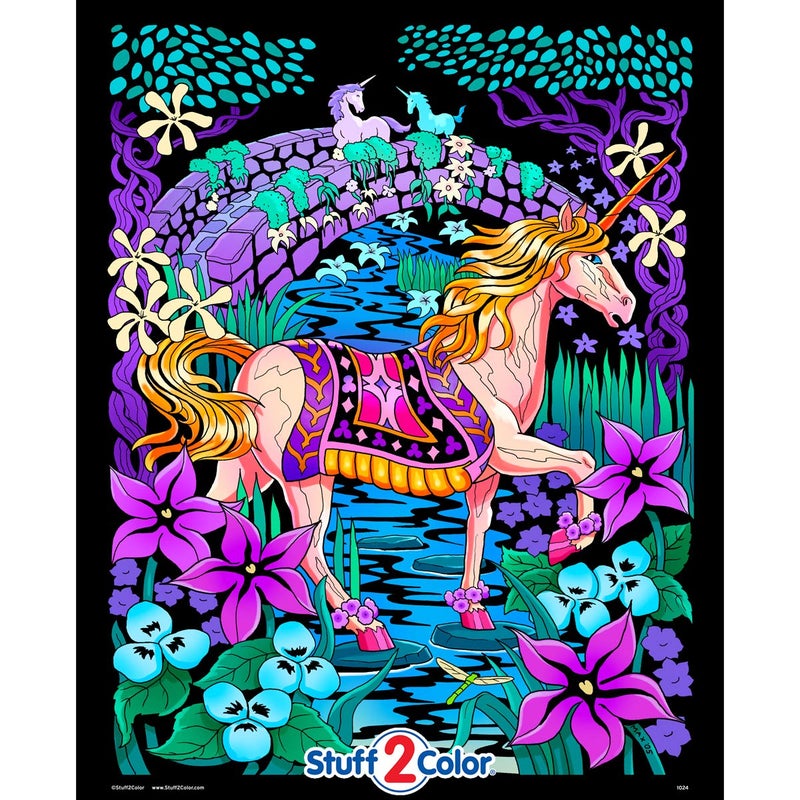 Stuff2Color Unicorn Bridge - Beatiful Fuzzy Velvet Coloring Poster for Kids, Toddlers, and Adults (Arrives Uncolored) - Excellent Arts Crafts Activity, Creative Gift, Sharing Project & More - Image 1